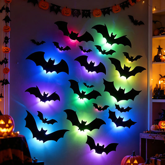 Cross-Border 3D 3D Bat Halloween Led Night Light Bat Spider Holiday Party Decoration Glowing Flash Wall Sticker
