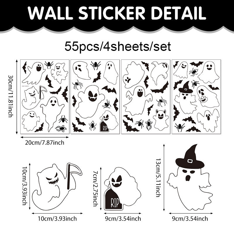Cross-Border New Product Halloween White Ghost Glass Window Decoration Window Stickers Electrostatic Stickers Bat Pumpkin Window Stickers