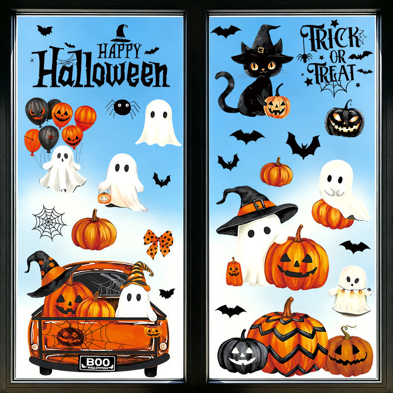 Cross-Border New Product Halloween White Ghost Glass Window Decoration Window Stickers Electrostatic Stickers Bat Pumpkin Window Stickers