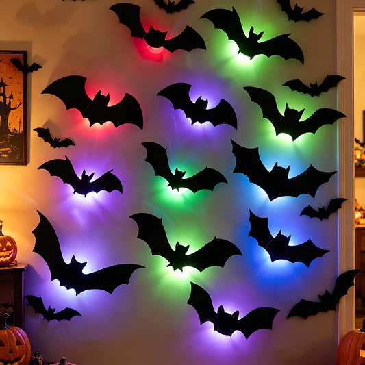 Cross-Border 3D 3D Bat Halloween Led Night Light Bat Spider Holiday Party Decoration Glowing Flash Wall Sticker